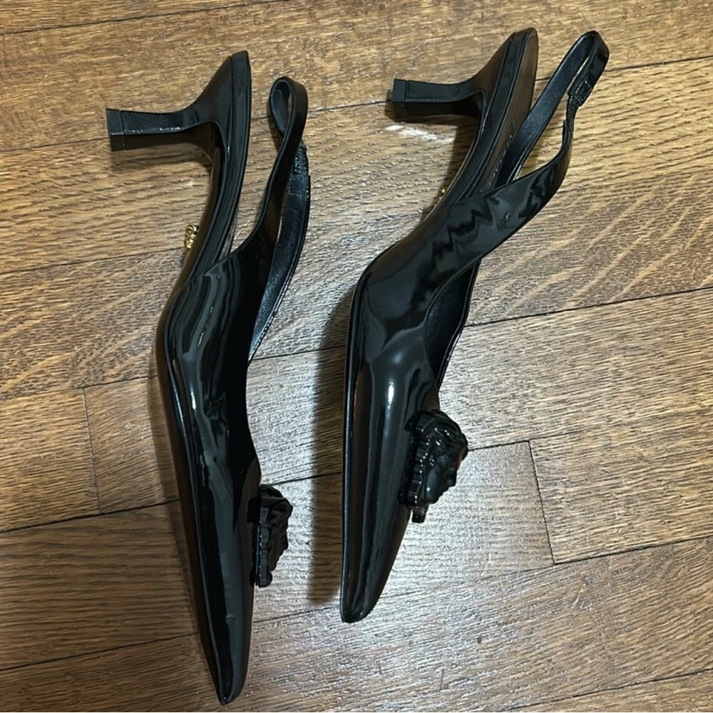 Authentic Versace Black Kitten Heel Pumps with medusa head - Picture 6 of 15